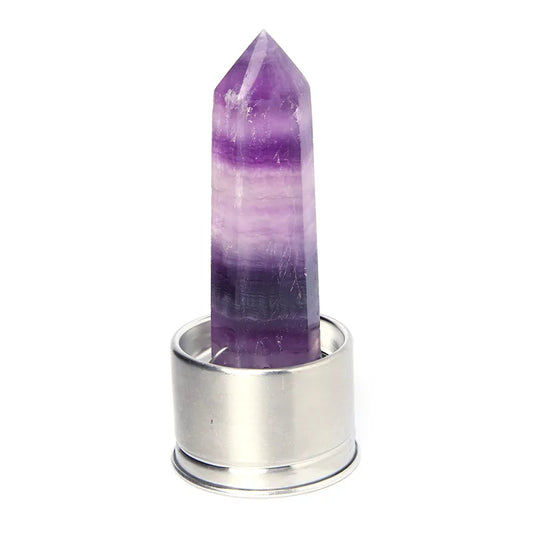 Amethyst Crystal Drink Bottle A purple amethyst crystal point tower resting in a silver metal cylindrical holder, isolated on a white background.