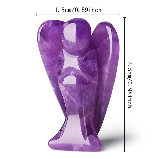 Amethyst Pocket Angel Purple angel figurine with dimensions on a white background