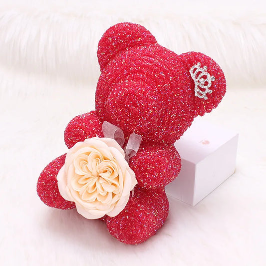 Crystal Diamond Bear Red glitter teddy bear with a white rose and crown on a white background