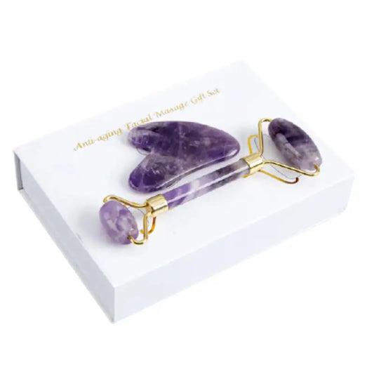 Facial Roller and Gua Sha Gift Set Purple Amethyst facial roller and gua sha tool set on a white background