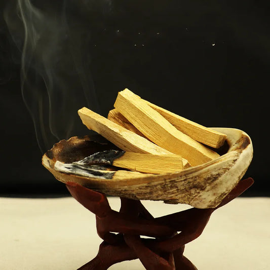 Palo Santo Holy Wood Sticks Wooden incense sticks in a bowl with smoke against a dark background