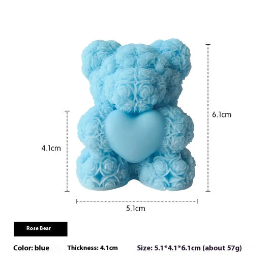 Rose Teddy Bear Soy Candle Blue teddy bear made of rose petals with measurements on a white background