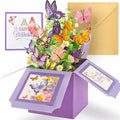 3D Pop Up Butterfly Birthday Box GiftDealAU Product Image. 3D butterfly bouquet in a box with a birthday card and envelope on a white background.