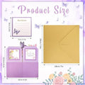 3D Pop Up Butterfly Birthday Box GiftDealAU Product size Image. Product size chart with a purple card, gold envelope, and floral design on a white background.