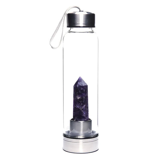 Amethyst Crystal Drink Bottle A clear glass water bottle with a silver and black lid, featuring a dark purple amethyst crystal point displayed inside the bottle on a white background.