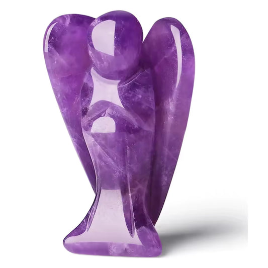 Amethyst Pocket Angel A polished purple amethyst angel figurine with outstretched wings, standing on a white background with a soft shadow.