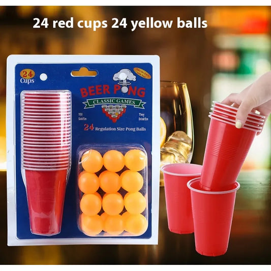 Beer Pong Drinking Game Set Pack of 24 red plastic beer pong cups and 24 yellow ping pong balls in retail blister packaging, with a hand holding red cups on a blurred bar background and text reading '24 red cups 24 yellow balls'.