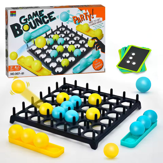 Game Bounce party game set with a black grid board, blue and yellow balls, yellow and blue ball holders, matching card deck, and the retail box on a white background.