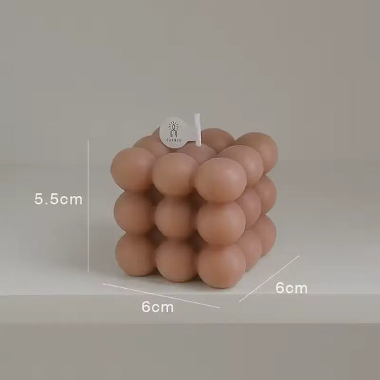 Bubble Cube Candle brown variant size GiftDealAU product image. Cylindrical candle with bubble design and measurements on a neutral background