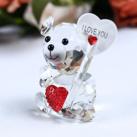Crystal Clear Glass Bear Statue Crystal bear figurine with 'I Love You' heart on a white background