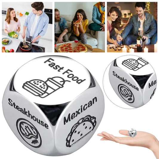 Dinner Deciding Dice Game Dice with restaurant type labels and images of people dining.