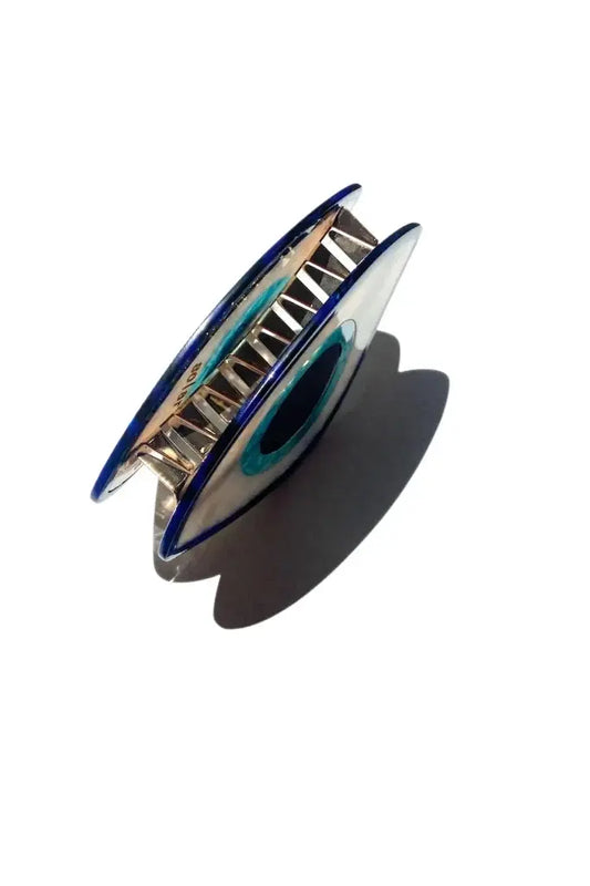 Evil Eye Hair Claw Clip centre side GiftDealAU product image. Ring with blue and silver design on a white background