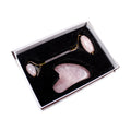 Facial Roller and Gua Sha Gift Set Rose quartz gua sha tool set in a box on a white background