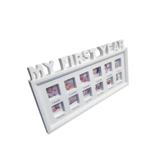 First Year Milestone Photo Frame White photo frame with cut-out letters spelling 'MY FIRST YEAR' on a white background