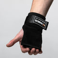Fitness Weightlifting Hooks Black wrist support with a brand logo on a gray background