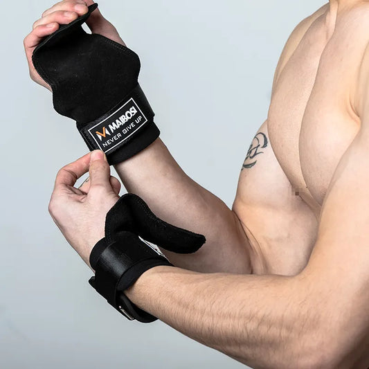 Fitness Weightlifting Hooks Person wearing black wrist wraps with a visible brand logo on a light gray background