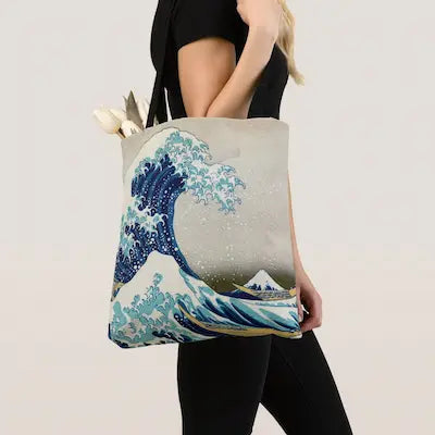 Great Wave Shopping Bag closeup GiftDealAU product image. Tote bag with wave design held by a person against a plain background