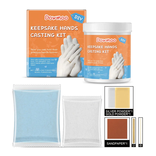 Hand Casting Kit Couples 3D Hand Mould Kit Dowmoo Keepsake Hands Casting Kit with packaging, powder, and sandpaper on a white background