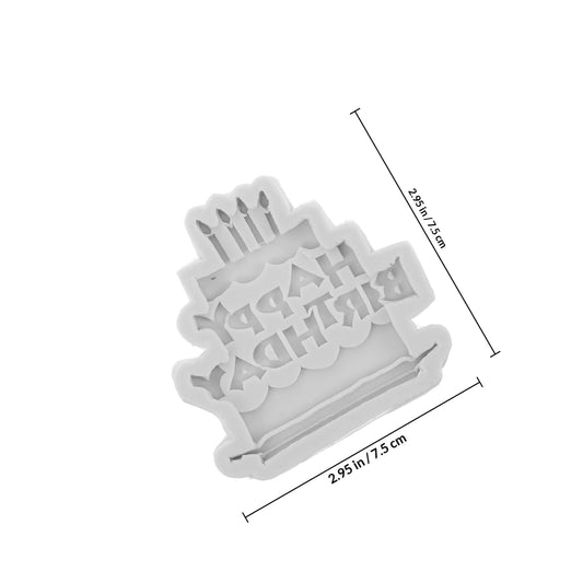 Happy Birthday Cake Silicone Mold White birthday cake-shaped cookie cutter with 'Happy Birthday' text and dimensions on a white background