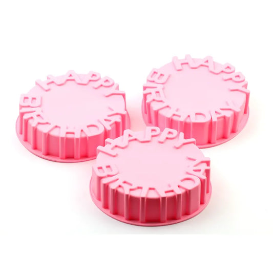 Happy Birthday Baking Pan Round Mousse Three pink cookie cutters with 'Happy Birthday' text on a white background