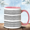 Hidden Message Ceramic Coffee Mug GiftDealAU Ptoduct image. Mug with pink interior and handle, black wavy line pattern on white exterior, against a snowy background.
