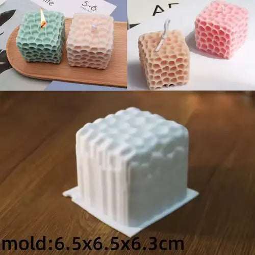 Honeycomb Cube Candle
size GiftDealAU product image. Hexagonal candle molds in various colors with a white mold on a wooden surface.