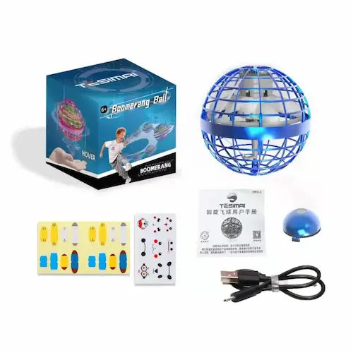 Hover Orb Ball – Magic Flying Orb Ball GiftDealAU product image. Hover ball with packaging, user manual, and USB cable on a white background