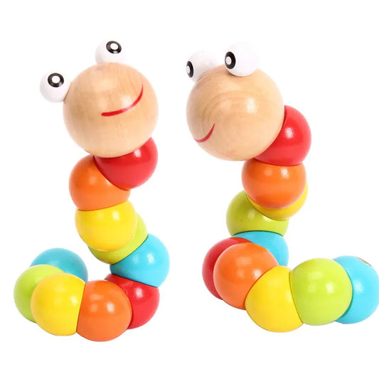 Jointed Wooden Wiggly Worm Colorful wooden toy caterpillar with smiling face on a white background