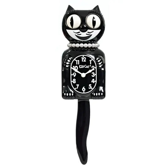 Kit Cat Klock | Classic Black Lady GiftDealAU product image. Black cat-shaped clock with white face on a white background