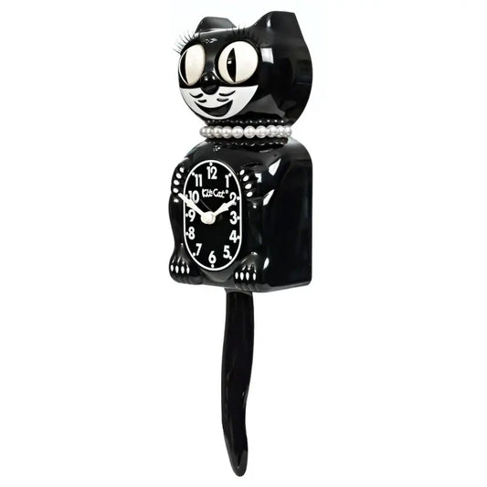 Kit Cat Klock | Classic Black Lady GiftDealAU product image.Black cat-shaped clock with white face on a white background