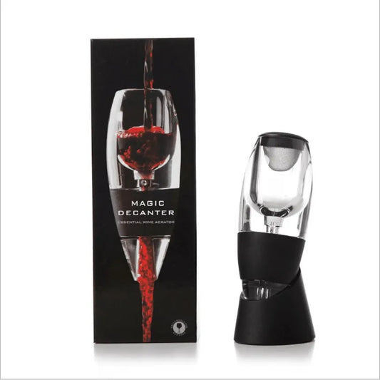 Magic Wine Aerator - Red Wine Decanter for Better Taste -
Black wine decanter with packaging displaying a glass of red wine being poured.