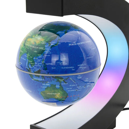 Magnetic Levitating Globe Rotating World Globe blue Glowing Earth globe with colorful LED light on a white background