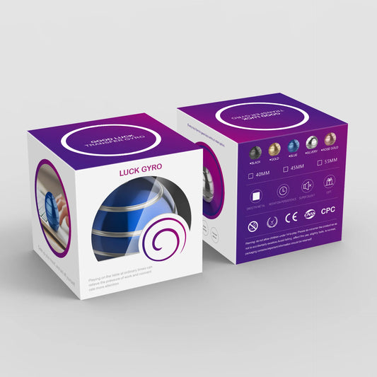 Metallic Rainbow Gyro Sphere Purple and white packaging box of a Luck Gyro product on a light gray background