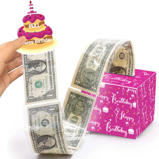 Money Pull Out Gift Box Surprise money-pulling gift box designed for birthday parties, featuring a pink festive pattern.