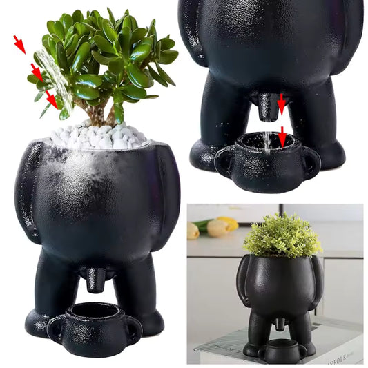 Nature Call Naughty Planter A collage showing a black elephant-shaped planter with a small plant, demonstrating watering and drainage. The planter has a spout at the bottom and a small cup underneath, with water shown being poured into the cup.