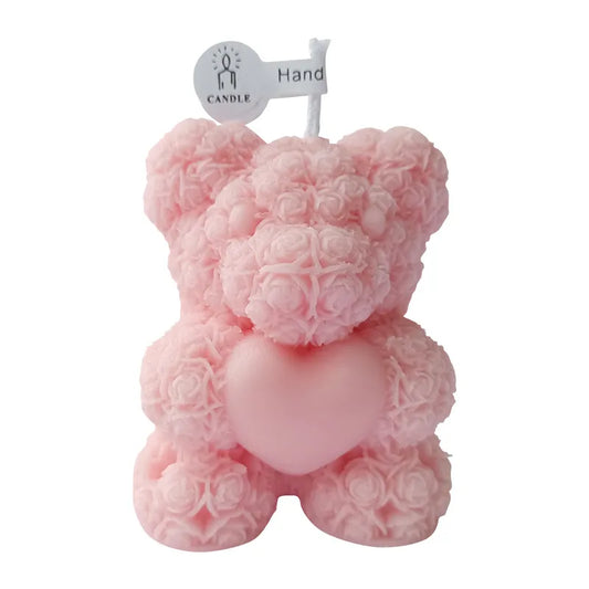 Rose Teddy Bear Soy Candle Pink teddy bear candle with rose patterns on a white background