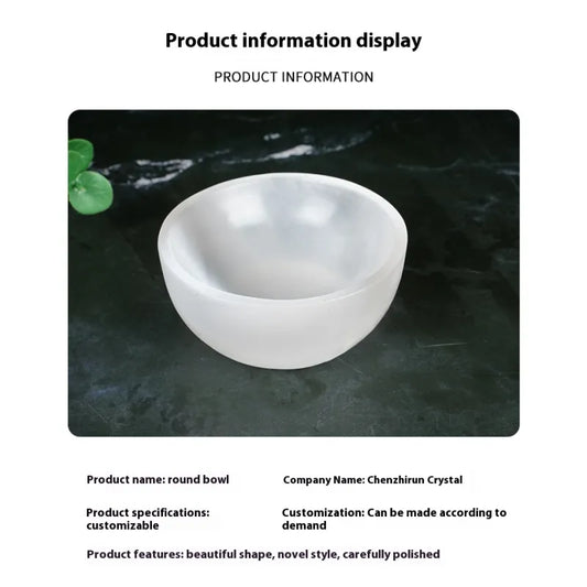 Selenite Cleansing & Charging Bowl A white round crystal bowl displayed on a dark textured background, framed within an information card with text reading 'Product information display' and product details including the brand 'Chenzhirun Crystal'.