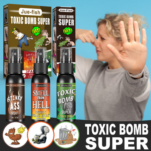 Toxic Bomb Super spray products with packaging and a person gesturing a stop sign.