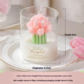 Tulip Bouquet Jar Candle Pink tulip-shaped candle in a glass holder with measurements and product details.