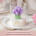 Tulip Bouquet Jar Candle Decorative tulip-shaped candle in a glass holder with measurements and product details.
