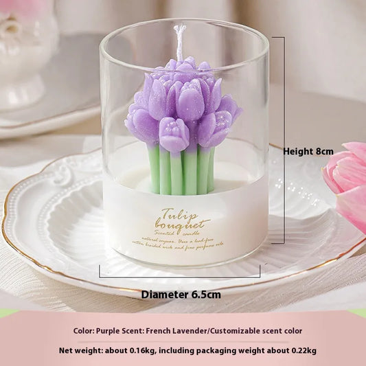 Tulip Bouquet Jar Candle Decorative tulip-shaped candle in a glass holder with measurements and product details.