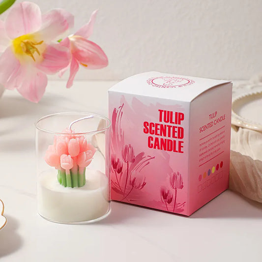 Tulip Bouquet Jar Candle Tulip scented candle with packaging and a pink tulip flower on a light background