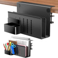 Under Desk Laptop Holder Storage with Cable Management Tray Black desk organizer with compartments and a pen holder on a white background