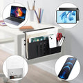 Under Desk Laptop Holder Storage with Cable Management Tray Wall-mounted organizer with compartments for electronic devices and stationery on a desk.