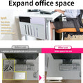 Under Desk Laptop Holder Storage with Cable Management Tray Collage of a desk with a storage shelf, showing before and after use to expand office space.