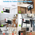 Under Desk Laptop Holder Storage with Cable Management Tray Collage of office desk organizers on various tables with text indicating suitability for straight edge tables.