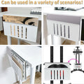 Under Desk Laptop Holder Storage with Cable Management Tray White office desk with a magazine holder and cable management system, used in various office scenarios.