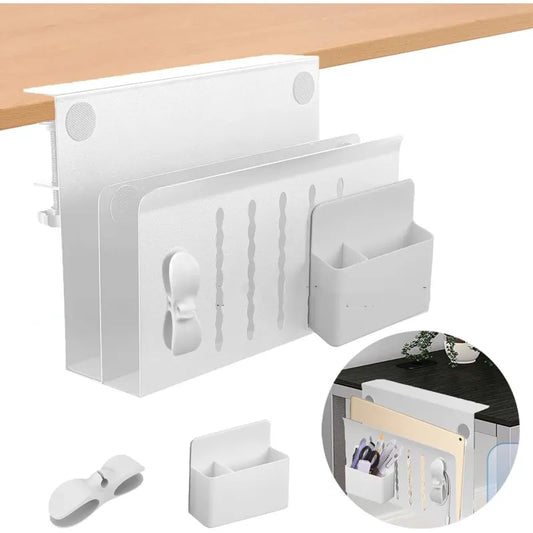 Under Desk Laptop Holder Storage with Cable Management Tray White under-desk organizer with compartments on a wooden desk.