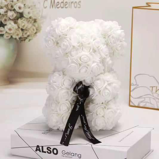 White Rose Teddy Bear White floral letter 'A' with a black ribbon on a white box, with 'Also Geling' branding.